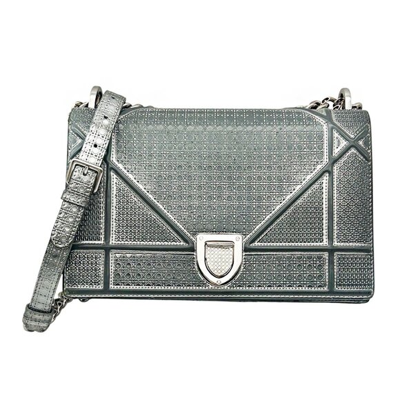 Christian Dior Silver Metallic Micro Cannage Patent Medium Diorama Flap Bag - Picture 1 of 16